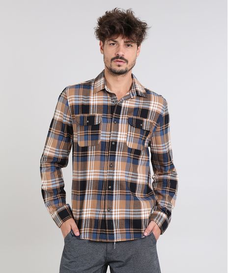 Camisa-Masculina-Estampada-Xadrez-com-Bolsos-em-Flanela-Manga-Longa-Caramelo-9383368-Caramelo_1