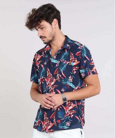 Camisa-Masculina-Estampada-Floral-com-Bolso-Manga-Curta-Azul-Marinho-9525307-Azul_Marinho_1