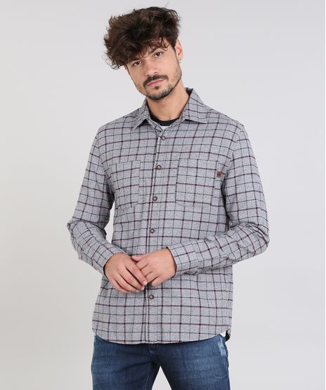 Camisa-Masculina-Estampada-Xadrez-com-Bolsos-em-Flanela-Manga-Longa-Cinza-Mescla-9365240-Cinza_Mescla_1