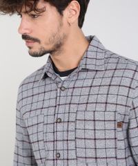 Camisa-Masculina-Estampada-Xadrez-com-Bolsos-em-Flanela-Manga-Longa-Cinza-Mescla-9365240-Cinza_Mescla_4