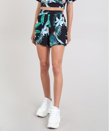 Short-Feminino-Estampado-de-Folhagens-com-Sobreposicao-Preto-9567360-Preto_1