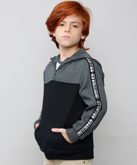 Blusao-Infantil-com-Capuz-e-Meio-Ziper-em-Moletom-Cinza-Mescla-Escuro-9367324-Cinza_Mescla_Escuro_1