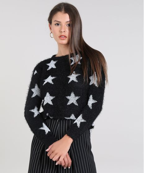 Sueter-Feminino-Estampado-com-Estrelas-em-Trico-com-Pelo-Preto-9360652-Preto_1