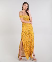 Vestido-Feminino-Longo-Ombro-a-Ombro-Estampado-Floral-Manga-Curta-Mostarda-9568812-Mostarda_1
