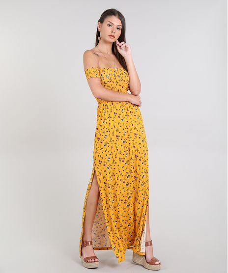 Vestido-Feminino-Longo-Ombro-a-Ombro-Estampado-Floral-Manga-Curta-Mostarda-9568812-Mostarda_1