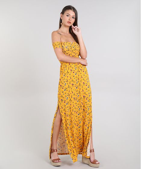 vestido floral amarelo longo