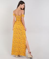 Vestido-Feminino-Longo-Ombro-a-Ombro-Estampado-Floral-Manga-Curta-Mostarda-9568812-Mostarda_2