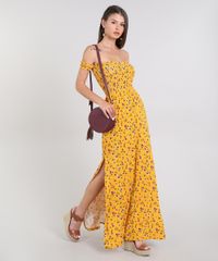 Vestido-Feminino-Longo-Ombro-a-Ombro-Estampado-Floral-Manga-Curta-Mostarda-9568812-Mostarda_3