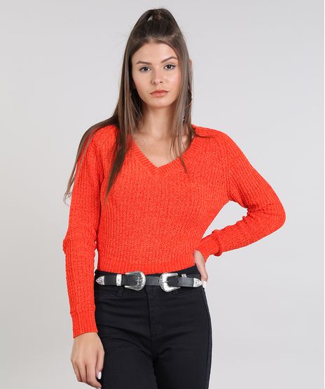 Sueter-Feminino-em-Trico-de-Chenille-Decote-V-Manga-Longa--Laranja-9431371-Laranja_1