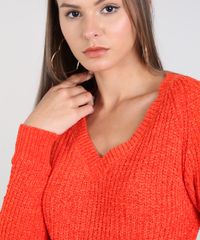 Sueter-Feminino-em-Trico-de-Chenille-Decote-V-Manga-Longa--Laranja-9431371-Laranja_4