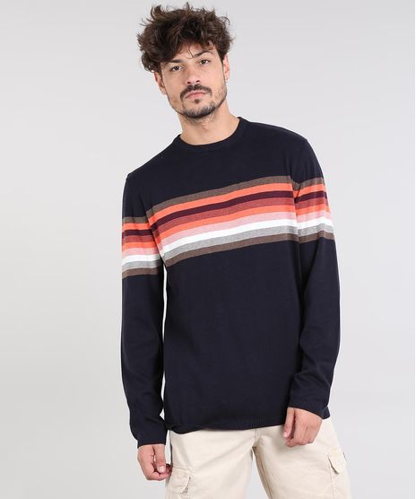 Sueter-Masculino-em-Trico-com-Listras-Gola-Careca-Azul-Marinho-9323658-Azul_Marinho_1