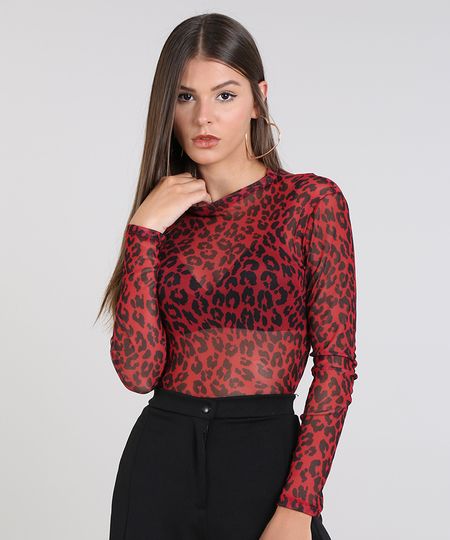 Blusa Feminina Estampada Animal Print em Tule Manga Longa Decote Redondo Vermelha Menor preço em Blusa Feminina Estampada Animal Print em Tule Manga Longa Decote Redondo Vermelha