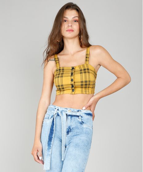 Regata-de-Sarja-Feminina-Cropped-Estampada-Xadrez-Mostarda-9587504-Mostarda_1