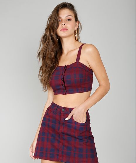 Regata-de-Sarja-Feminina-Cropped-Estampada-Xadrez-Vinho-9587501-Vinho_1