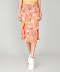 Saia-Feminina-Estampada-Floral-com-Sobreposicao-Coral-9564231-Coral_1
