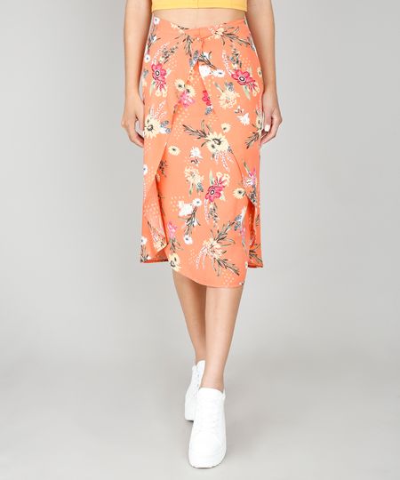 Saia-Feminina-Estampada-Floral-com-Sobreposicao-Coral-9564231-Coral_1