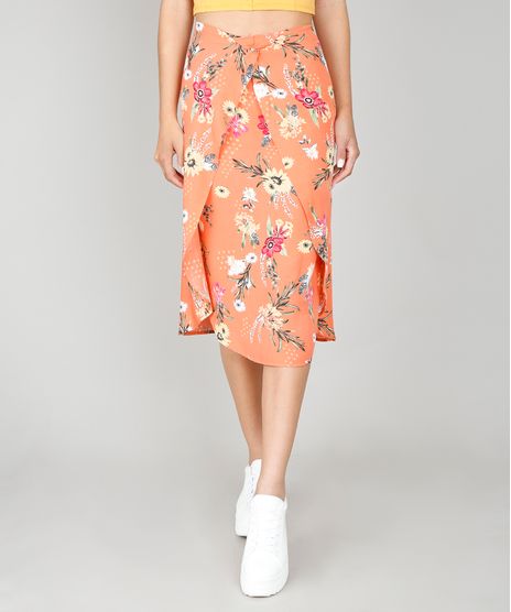 Saia-Feminina-Estampada-Floral-com-Sobreposicao-Coral-9564231-Coral_1