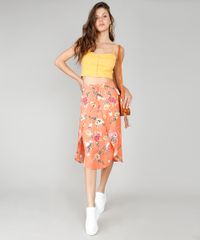 Saia-Feminina-Estampada-Floral-com-Sobreposicao-Coral-9564231-Coral_3