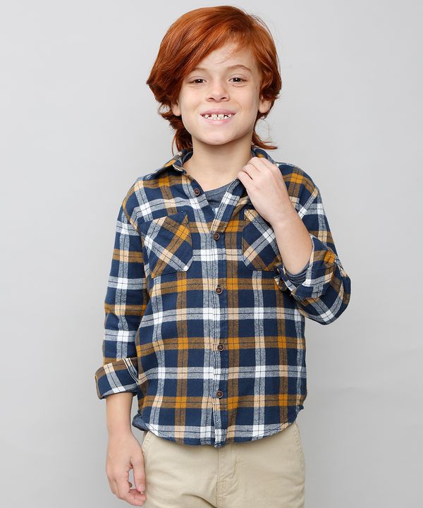 Camisa Infantil Estampada Xadrez Manga Longa Azul Marinho 6