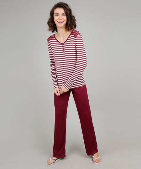 Pijama-Feminino-Listrado-com-Renda-Manga-Longa-Vinho-9529264-Vinho_1