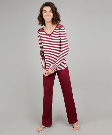 Pijama-Feminino-Listrado-com-Renda-Manga-Longa-Vinho-9529264-Vinho_1