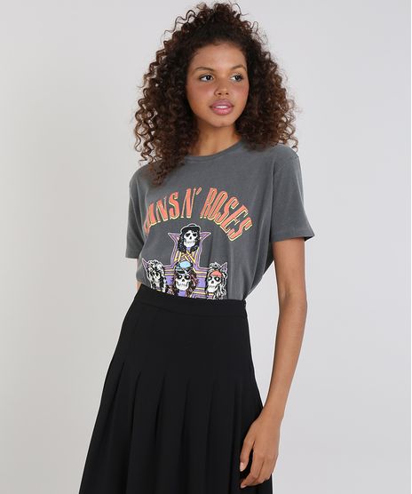 T-Shirt-Feminina-de-Banda-Mindset-Guns-N--Roses-Manga-Curta-Decote-Redondo-Chumbo-9638057-Chumbo_1