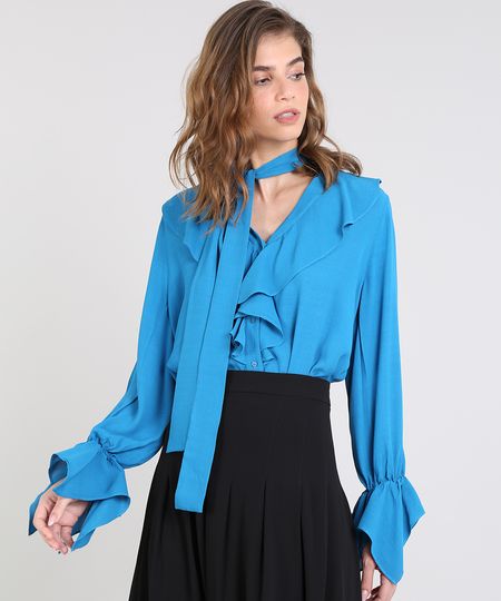 Camisa Feminina Mindset Ampla com Babados Manga Longa Azul Menor preço em Camisa Feminina Mindset Ampla com Babados Manga Longa Azul