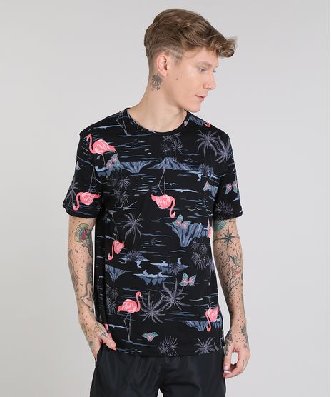 Camiseta-Masculina-Estampada-de-Flamingos-Manga-Curta-Gola-Careca-Preta-9511121-Preto_1