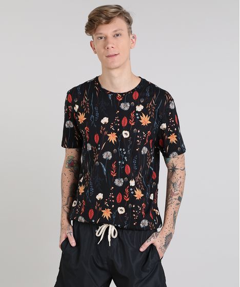 Camiseta Masculina Estampada Floral Manga Curta Gola Careca Preta