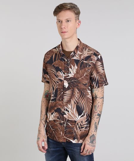 Camisa-Masculina-Estampada-de-Folhagem-Manga-Curta-Preta-9527329-Preto_1