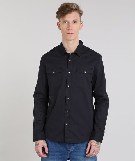 Camisa-de-Sarja-Masculina-com-Bolsos-Manga-Longa-Preta-9383071-Preto_1