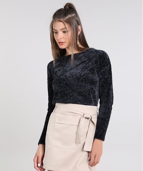 Sueter-Feminino-em-Trico-de-Chenille-Manga-Longa--Chumbo-9361443-Chumbo_1