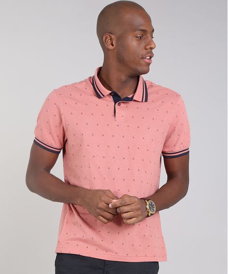 Polo-Masculina-Estampada-Mini-Print-em-Piquet-Manga-Curta-Coral-9529654-Coral_1