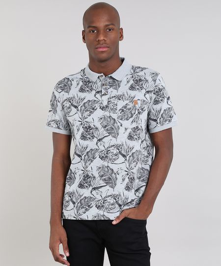 Polo-Masculina-Estampada-de-Folhagem-com-Bolso-Manga-Curta-Cinza-Mescla-9534408-Cinza_Mescla_1