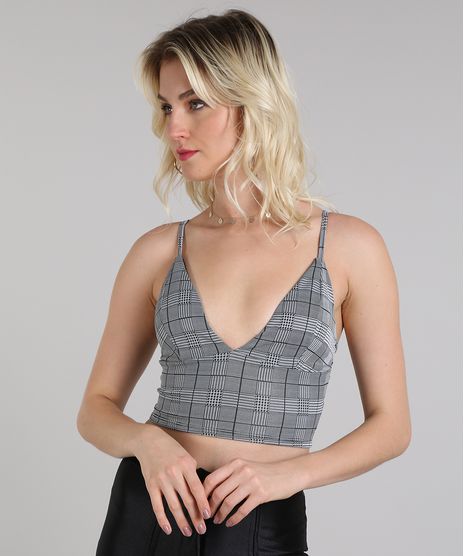 Top-Cropped-Feminino-Estampado-Xadrez-com-Bojo-Decote-V-Cinza-Mescla-9575506-Cinza_Mescla_1