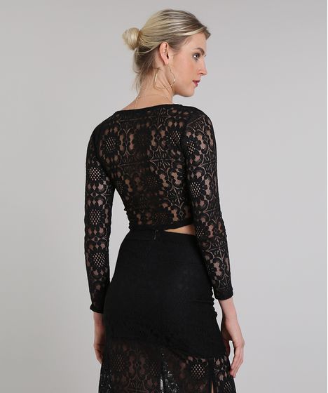 Blusa Feminina Cropped Em Renda Decote V Manga Longa Preto Cea
