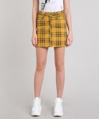 Saia-de-Sarja-Feminina-Estampada-Xadrez-com-Bolsos-Mostarda-9587507-Mostarda_1