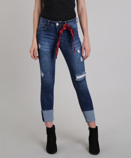 Calca-Jeans-Feminina-Cropped-Barra-Virada-com-Puidos-e-Bandana-Azul-Escuro-9589277-Azul_Escuro_1