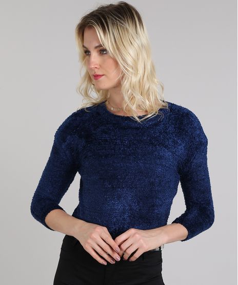 Sueter-Feminino-Cropped-em-Trico-Felpudo-Manga-3-4-Azul-Marinho-9431367-Azul_Marinho_1