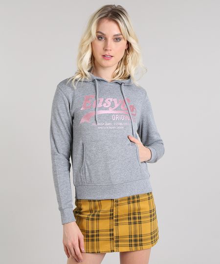 Blusao-Feminino--EasyCo--em-Moletom-com-Capuz-e-Bolso-Cinza-Mescla-9417154-Cinza_Mescla_1