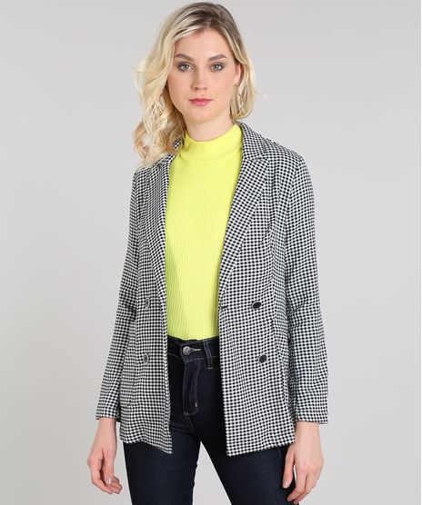 Blazer-Feminino-Transpassado-Alongado-Estampado-Xadrez-Preto-9419755-Preto_1