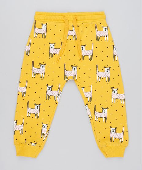 Calca-Infantil-Estampada-de-Onca-em-Moletom-Mostarda-9540161-Mostarda_1