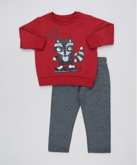 Conjunto-Infantil-de-Blusao-Guaxinim-Vinho---Calca-em-Moletom-Cinza-Mescla-Escuro-9502405-Cinza_Mescla_Escuro_1