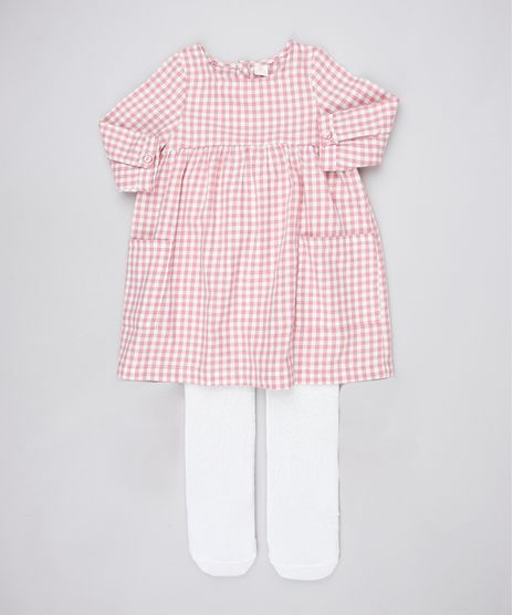 Vestido-Infantil-Estampado-Xadrez-Manga-Longa----Meia-Calca-Rosa-9450985-Rosa_1