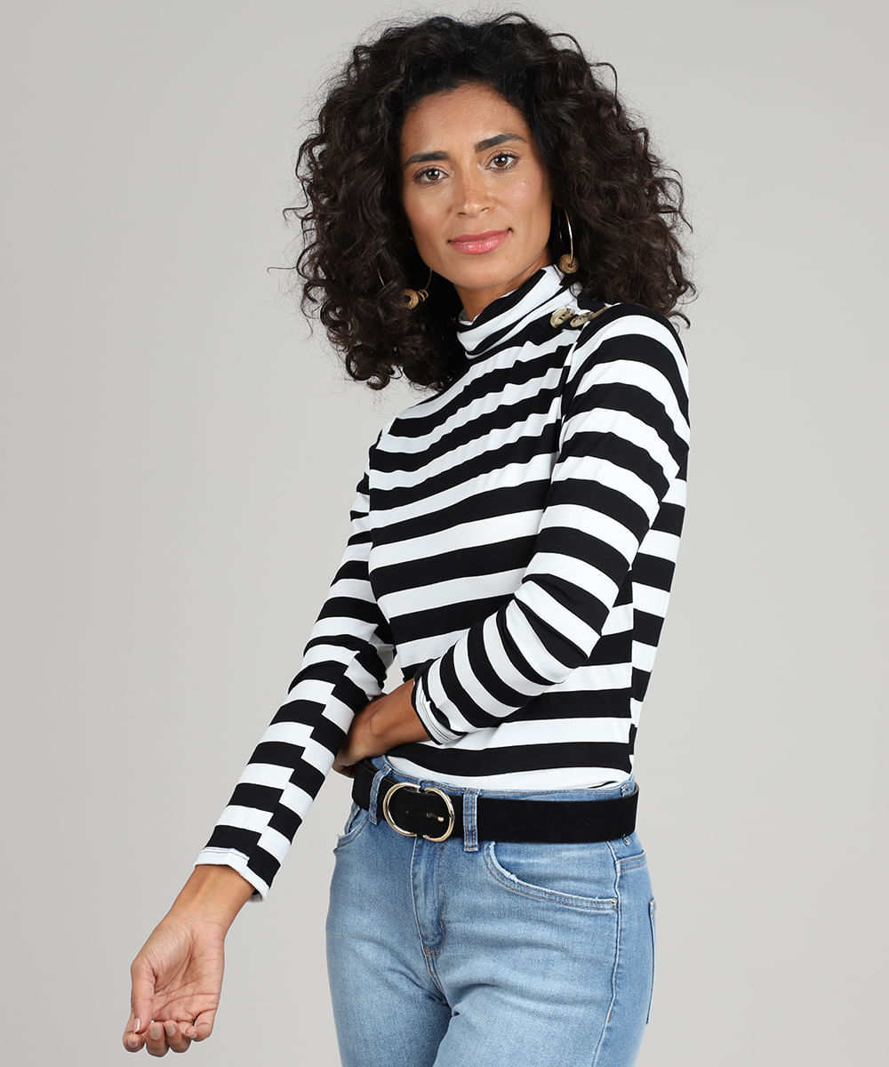 Blusa Feminina Listrada Com Botoes Manga Longa Gola Alta Branca