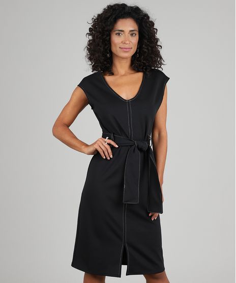 Vestido-Feminino-Curto-com-Pespontos-e-Faixa-para-Amarrar-Preto-9571957-Preto_1