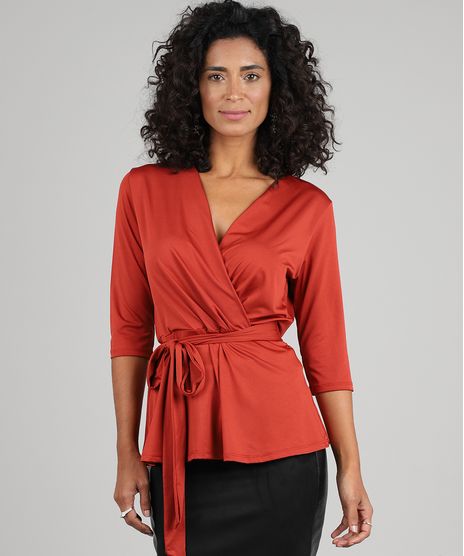 Blusa-Feminina-Transpassada-com-Amarracao-Manga-3-4-Cobre-9555029-Cobre_1