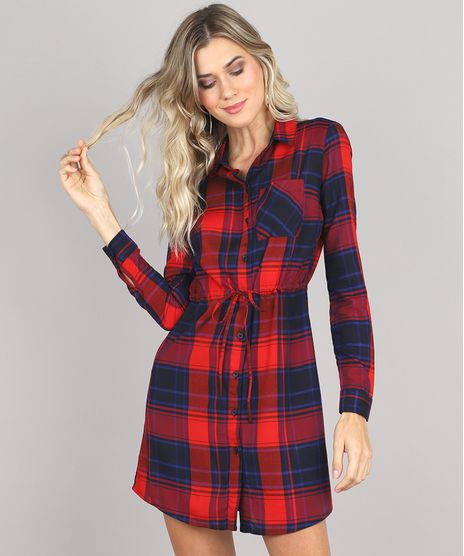 Vestido-Chemise-Feminino-Estampado-Xadrez-Manga-Longa-Vermelho-9457262-Vermelho_1