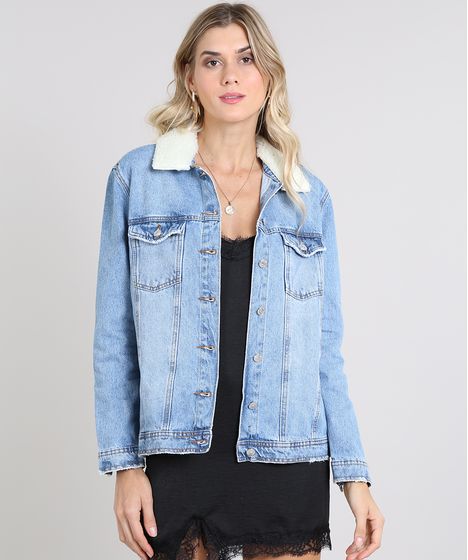 jaqueta jeans com gola de pelo feminina