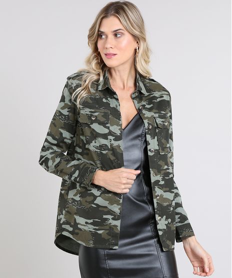 Camisa-de-Sarja-Feminina-Estampada-Camuflada-com-Bolsos-Manga-Longa-Verde-Militar-9571383-Verde_Militar_1